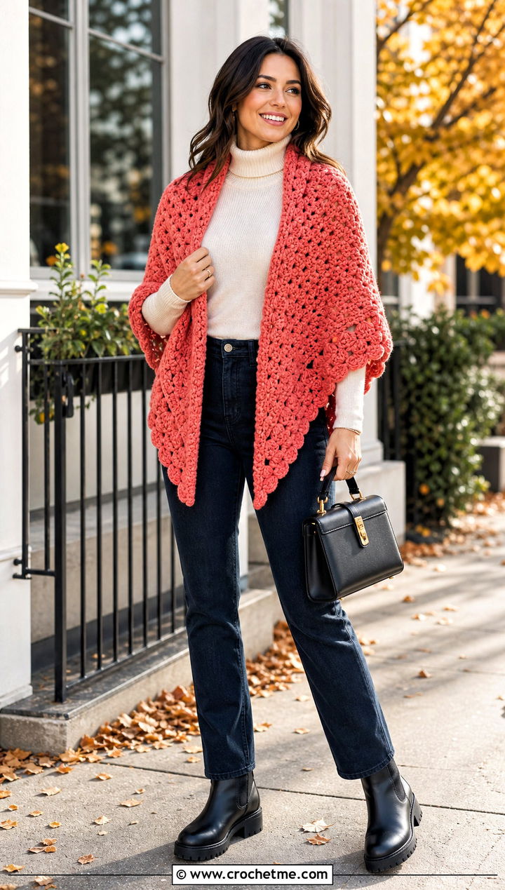 Chunky Half Moon Crochet Shawl With Straight Leg Jeans - 15 Crochet Moon Shawl outfit ideas