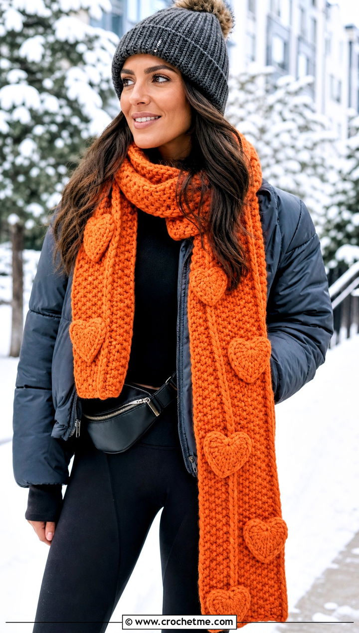 Chunky Heart Applique Scarf With Puffer Jacket - 25 crochet heart scarf outfit ideas