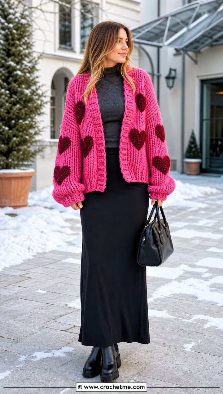 Chunky Heart Cardigan With Maxi Skirt - 35 crochet heart cardigan outfit ideas