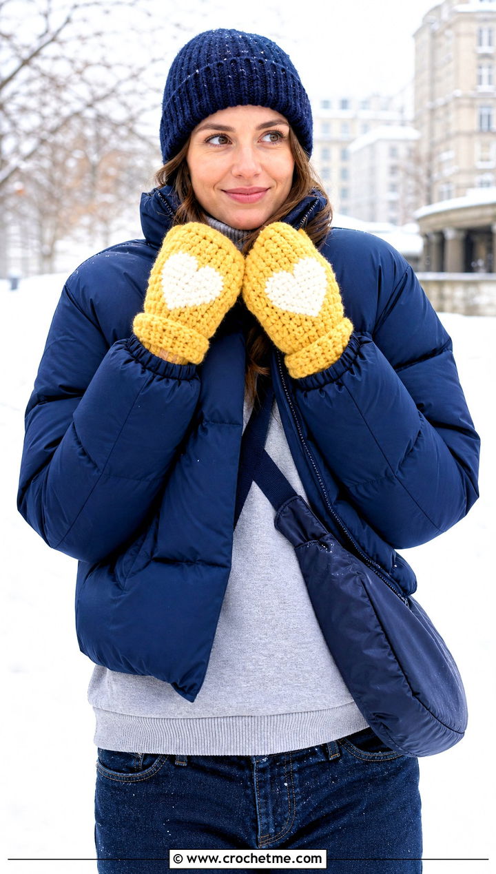 Chunky Heart Crochet Mittens With Puffer Jacket - 15 Heart Crochet Gloves outfit ideas