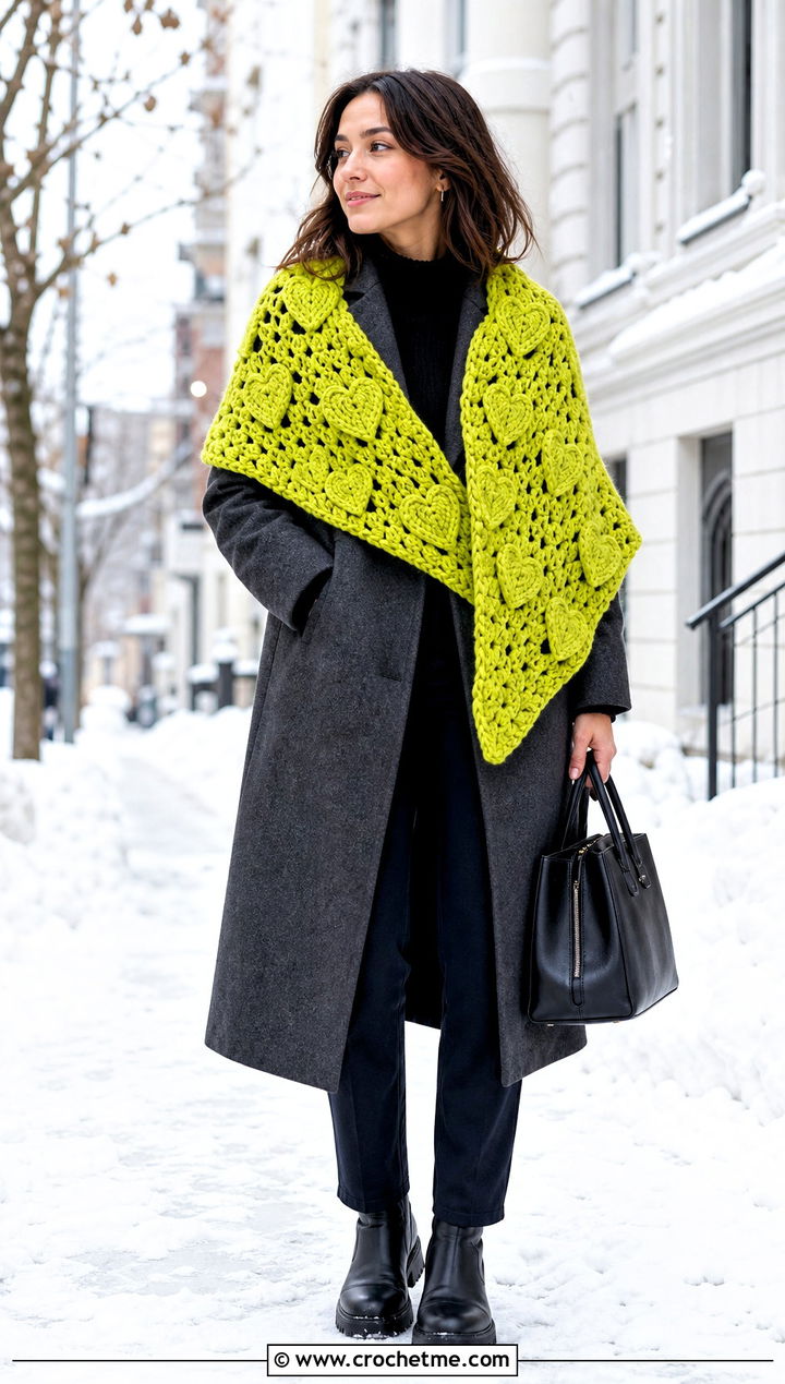 Chunky Heart Crochet Shawl With Wool Coat - 25 Heart Crochet Shawl outfit ideas