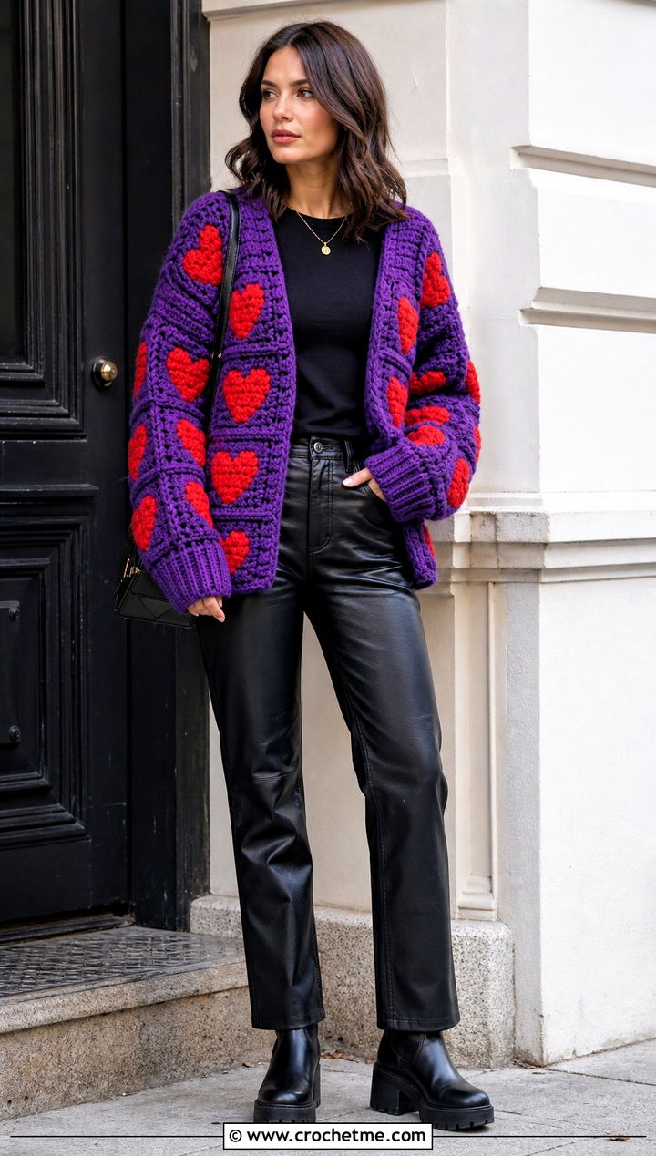 Chunky Heart Granny Square Cardigan With Leather Pants - 35 Heart Granny Square Cardigan outfit ideas