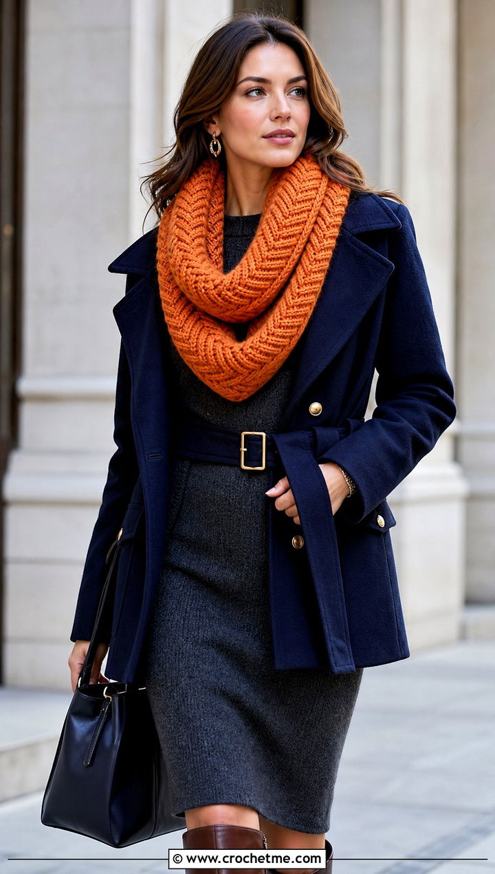 Chunky Herringbone Crochet Cowl With Midi Dress - 30 chunky crochet cowl outfit ideas