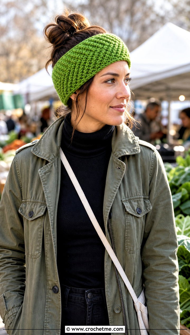 Chunky Herringbone Crochet Ear Warmer With Utility Jacket - 30 chunky yarn crochet ear warmer outfit ideas