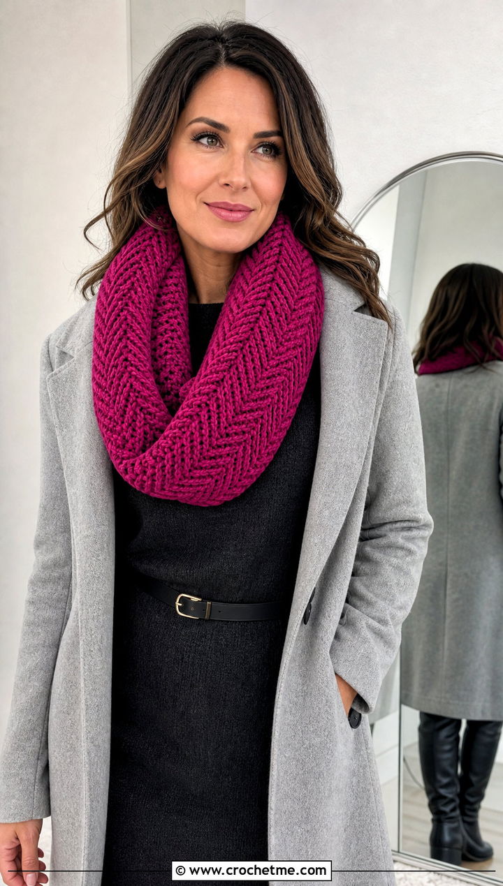 Chunky Herringbone Crochet Infinity Scarf With Sweater Dress - 20 Chunky Crochet Infinity Scarf outfit ideas