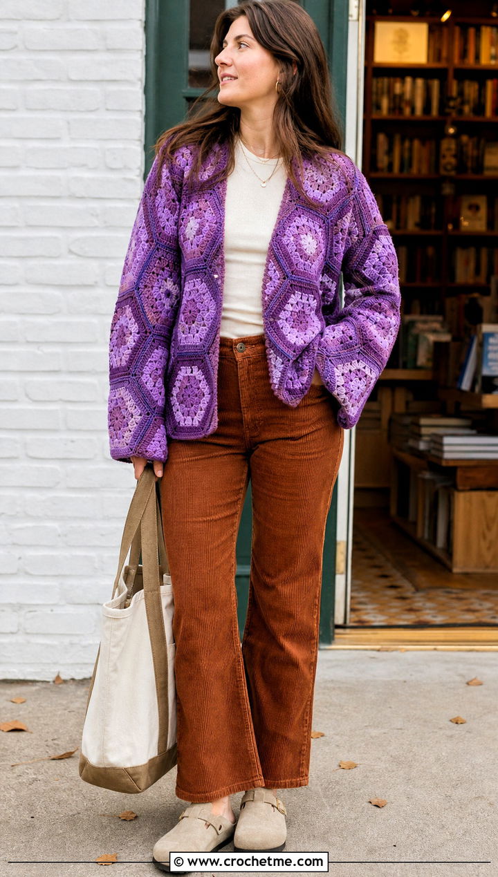 Chunky Hexagon Crochet Grandpa Sweater With Corduroy Pants - 25 Crochet Grandpa Sweater outfit ideas