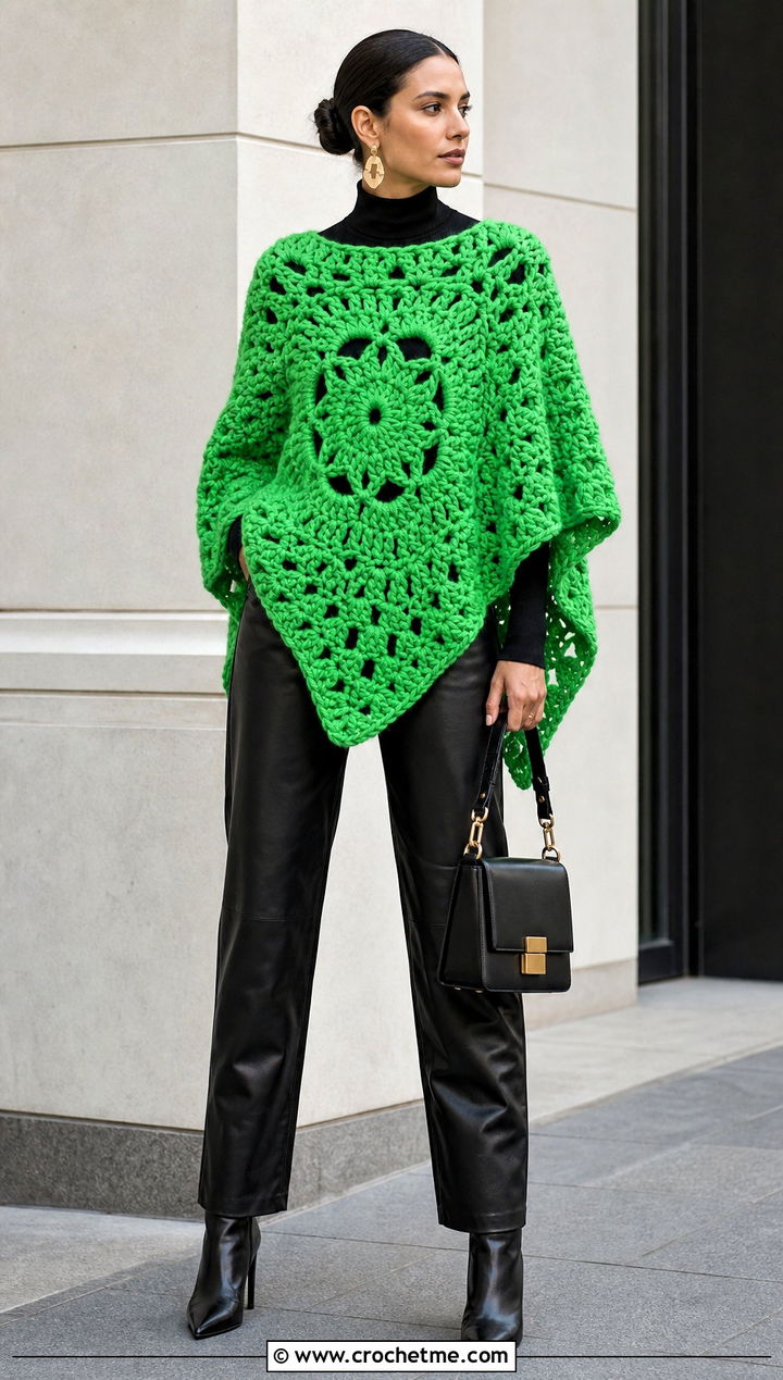 Chunky Hexagon Crochet Poncho With Leather Pants - 20 Hexagon Crochet Poncho outfit ideas