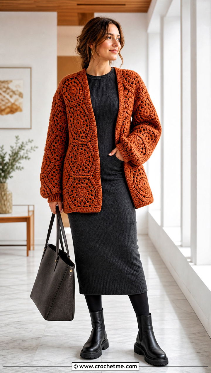 Chunky Hexagon Granny Square Cardigan With Knit Dress - 35 hexagon granny square sweater outfit ideas