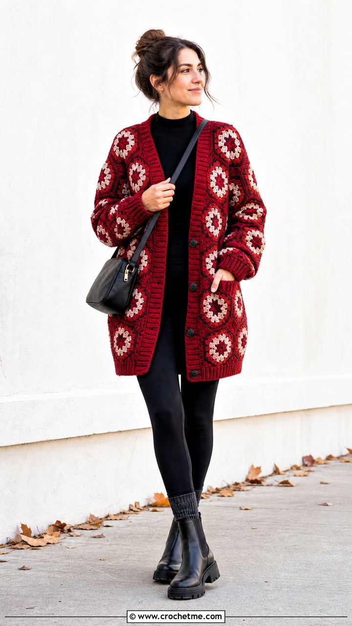 Chunky Hexagon Granny Square Cardigan With Leggings - 35 hexagon granny square cardigan outfit ideas