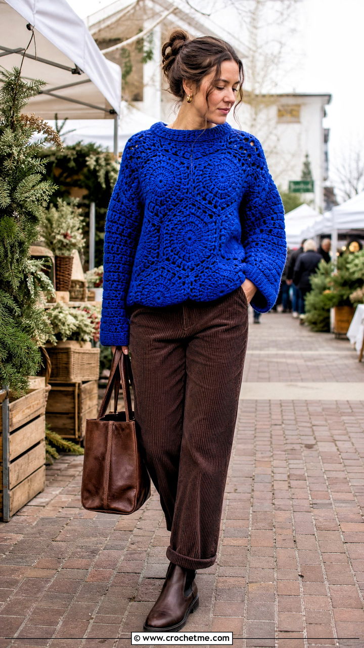 Chunky Hexagon Pullover With Corduroy Pants - 35 crochet hexagon pullover outfit ideas