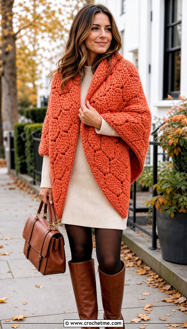 Chunky Hexagon Shawl With Sweater Dress - 20 Crochet Hexagon Shawl outfit ideas