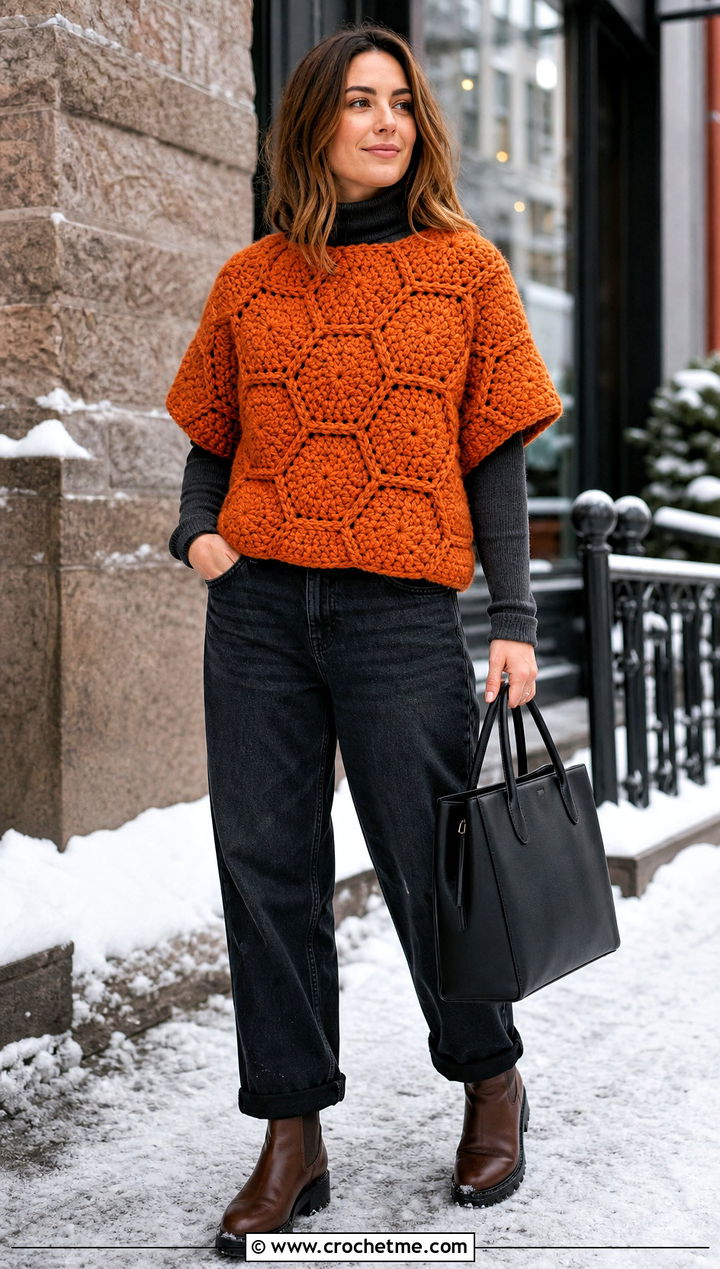 Chunky Hexagon Top With Relaxed Jeans - 35 crochet hexagon top outfit ideas