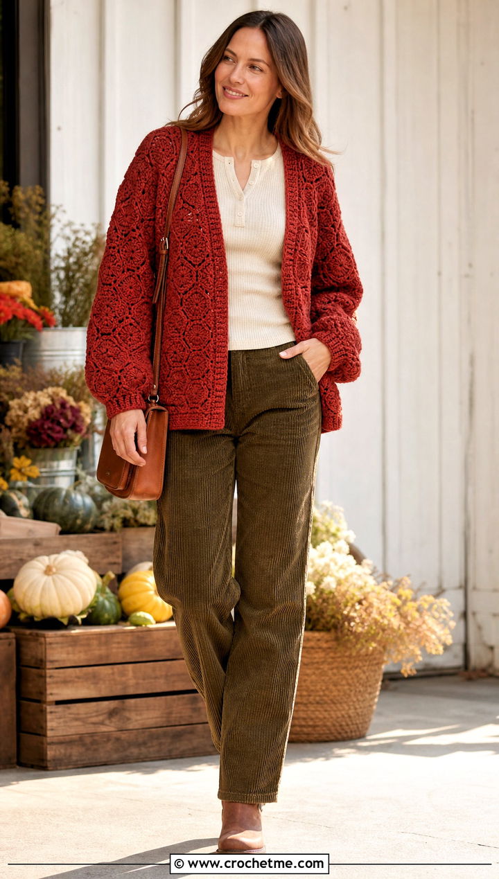 Chunky Hexi Cardigan With Corduroy Pants - 35 crochet hexi cardigan outfit ideas