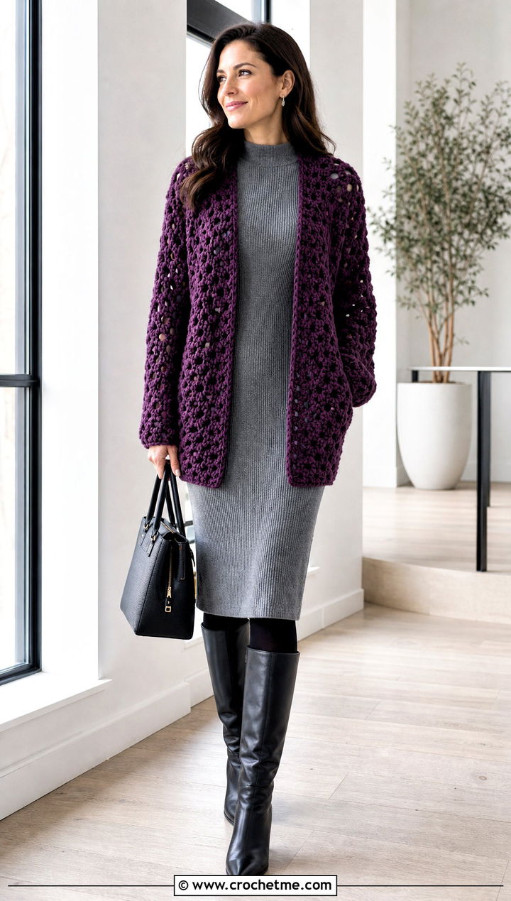 Chunky Hexi Crochet Cardigan With Knit Dress - 35 hexi crochet cardigan outfit ideas