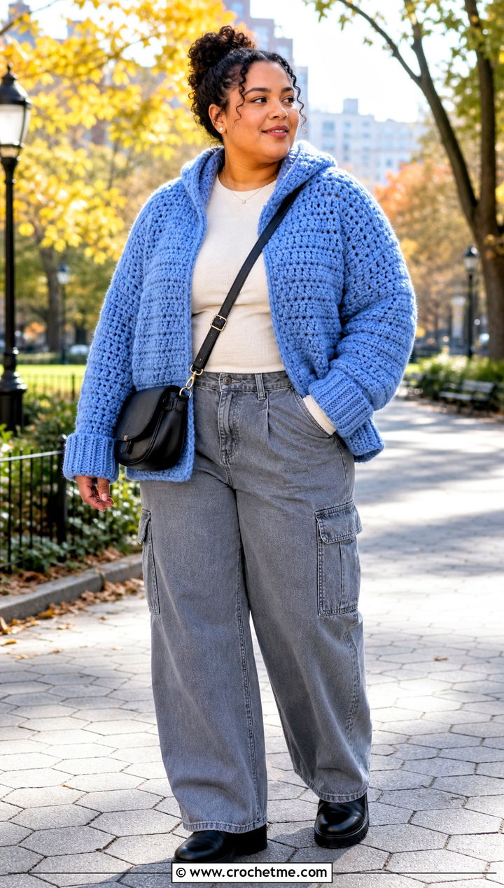 Chunky Hexi Crochet Hoodie With Cargo Jeans - 20 hexi crochet hoodie outfit ideas