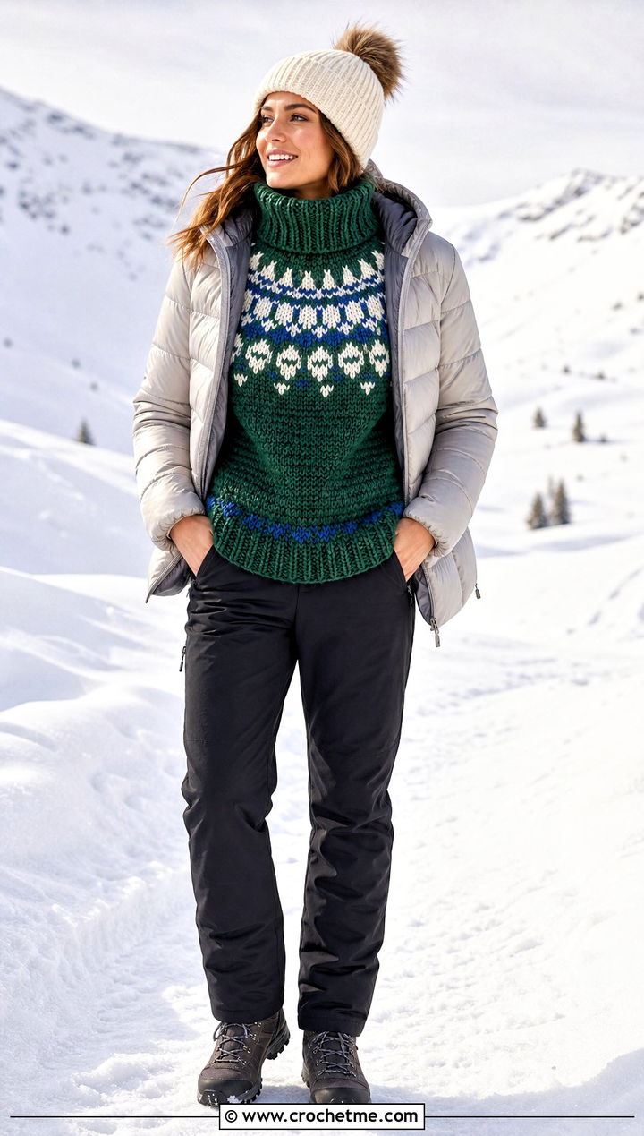 Chunky High Neck Fair Isle Crochet Sweater With Puffer Jacket - 25 fair isle crochet sweater outfit ideas