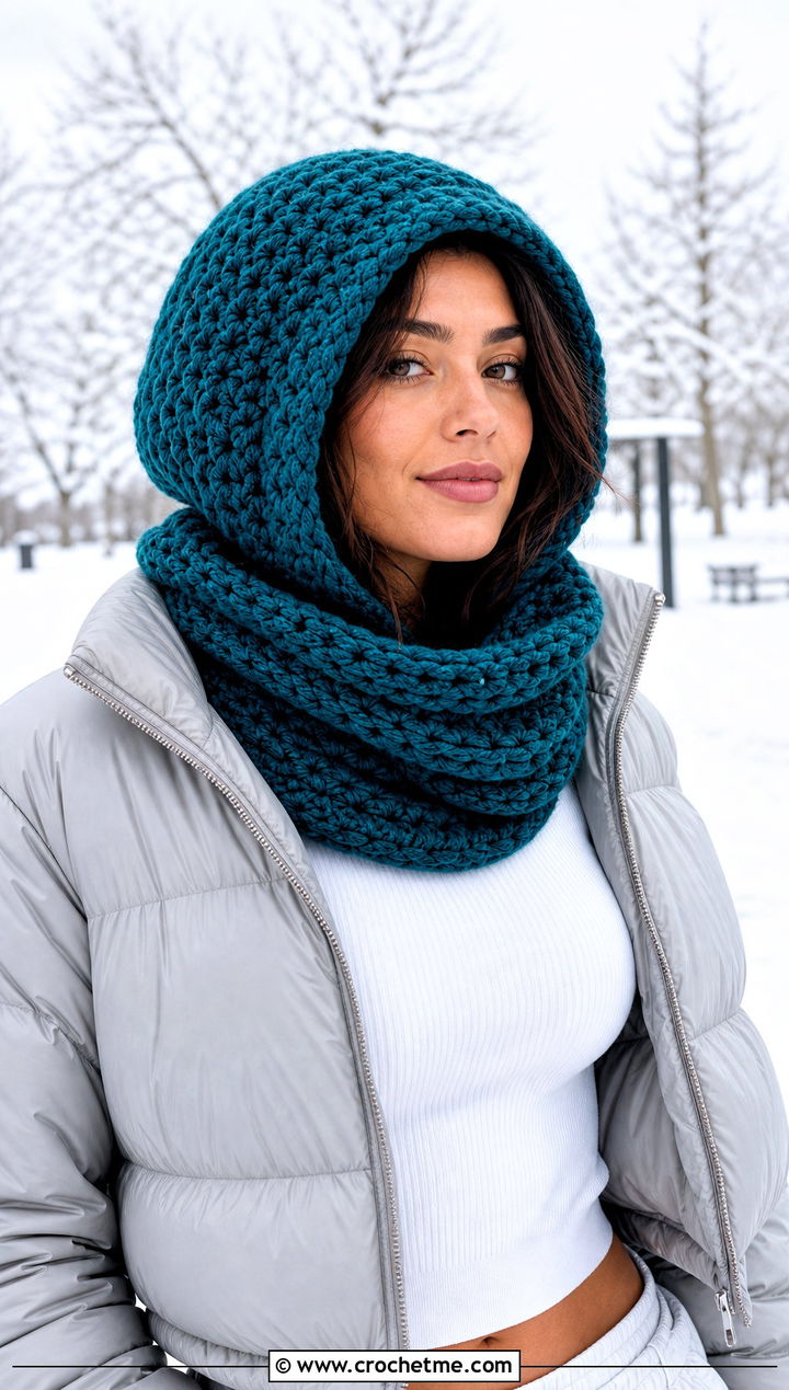 Chunky Hooded Cowl Crochet Balaclava With Puffer Jacket - 25 easy crochet balaclava outfit ideas