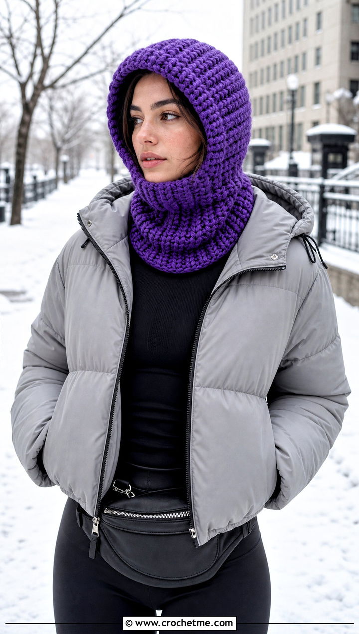 Chunky Hooded Crochet Balaclava With Puffer Jacket - 30 hooded crochet balaclava outfit ideas