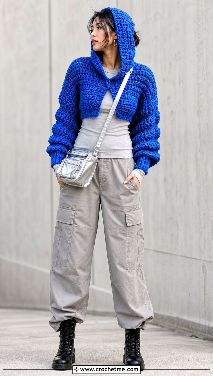 Chunky Hooded Crochet Bolero With Cargo Pants - 25 hooded crochet bolero outfit ideas