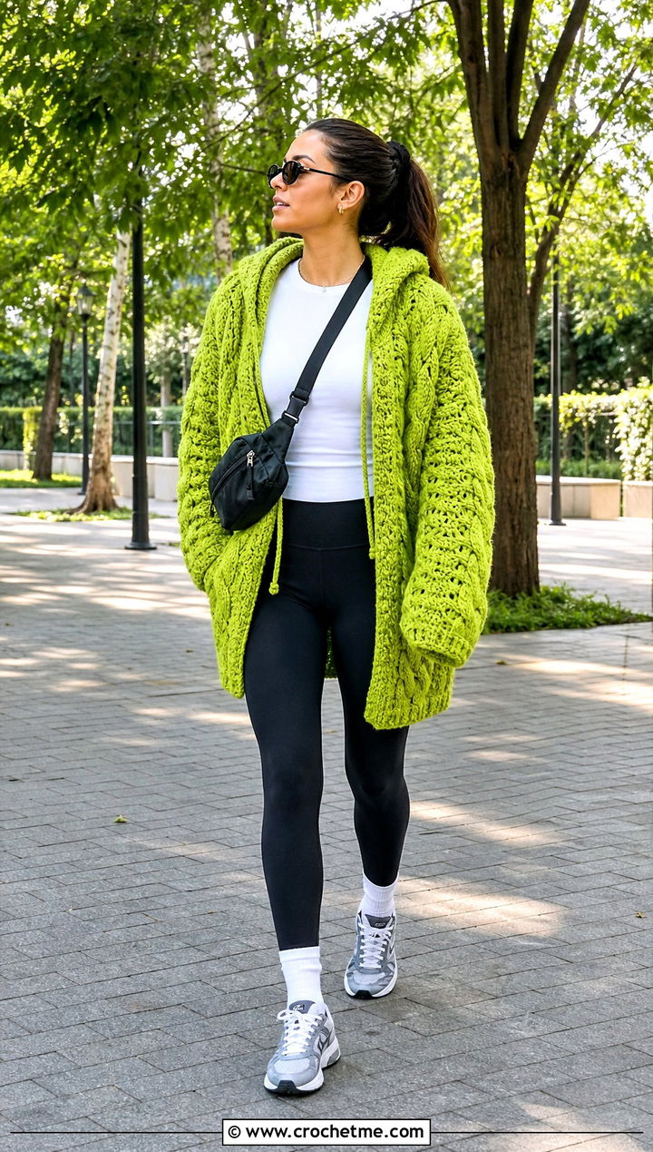 Chunky Hooded Crochet Cable Cardigan With Leggings - 25 Crochet Cable Cardigan outfit ideas