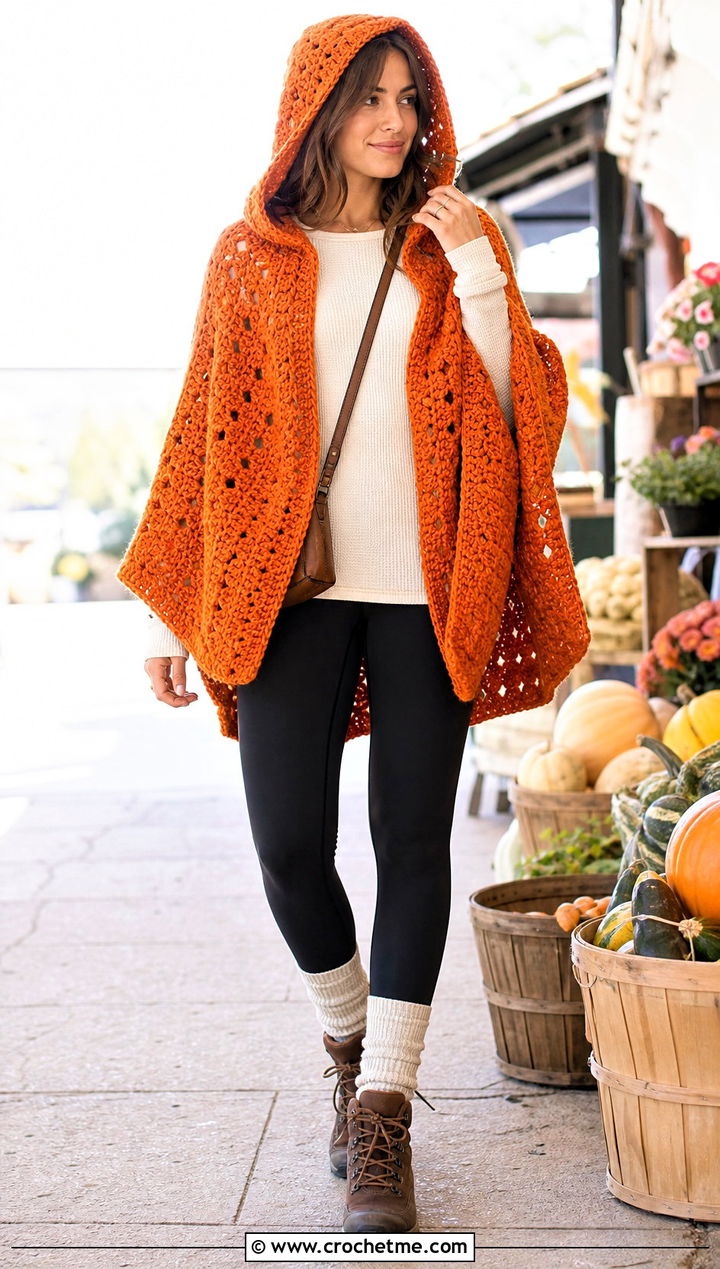Chunky Hooded Crochet Cape With Leggings - 25 Hooded Crochet Cape outfit ideas