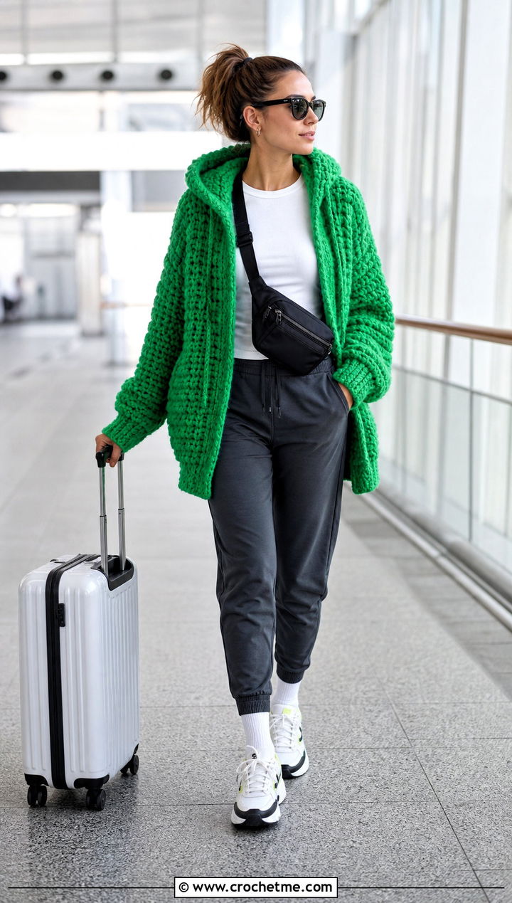 Chunky Hooded Crochet Cardigan With Joggers - 25 Bulky Crochet Cardigan outfit ideas