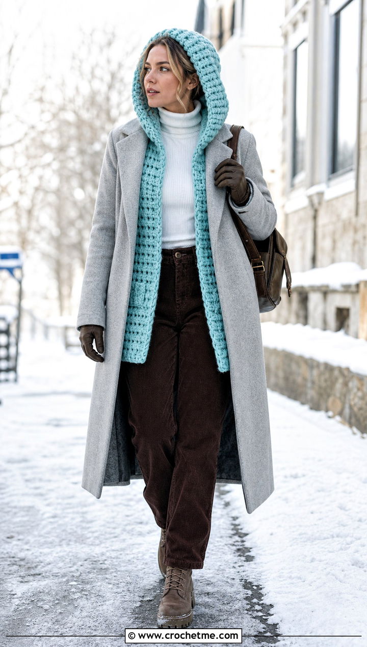 Chunky Hooded Crochet Cardigan With Winter Layers - 15 Crochet Womens Cardigan Sweater outfit ideas