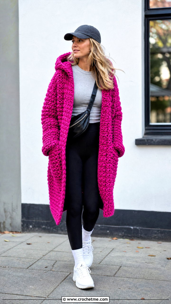 Chunky Hooded Crochet Coat With Leggings - 35 crochet coats outfit ideas