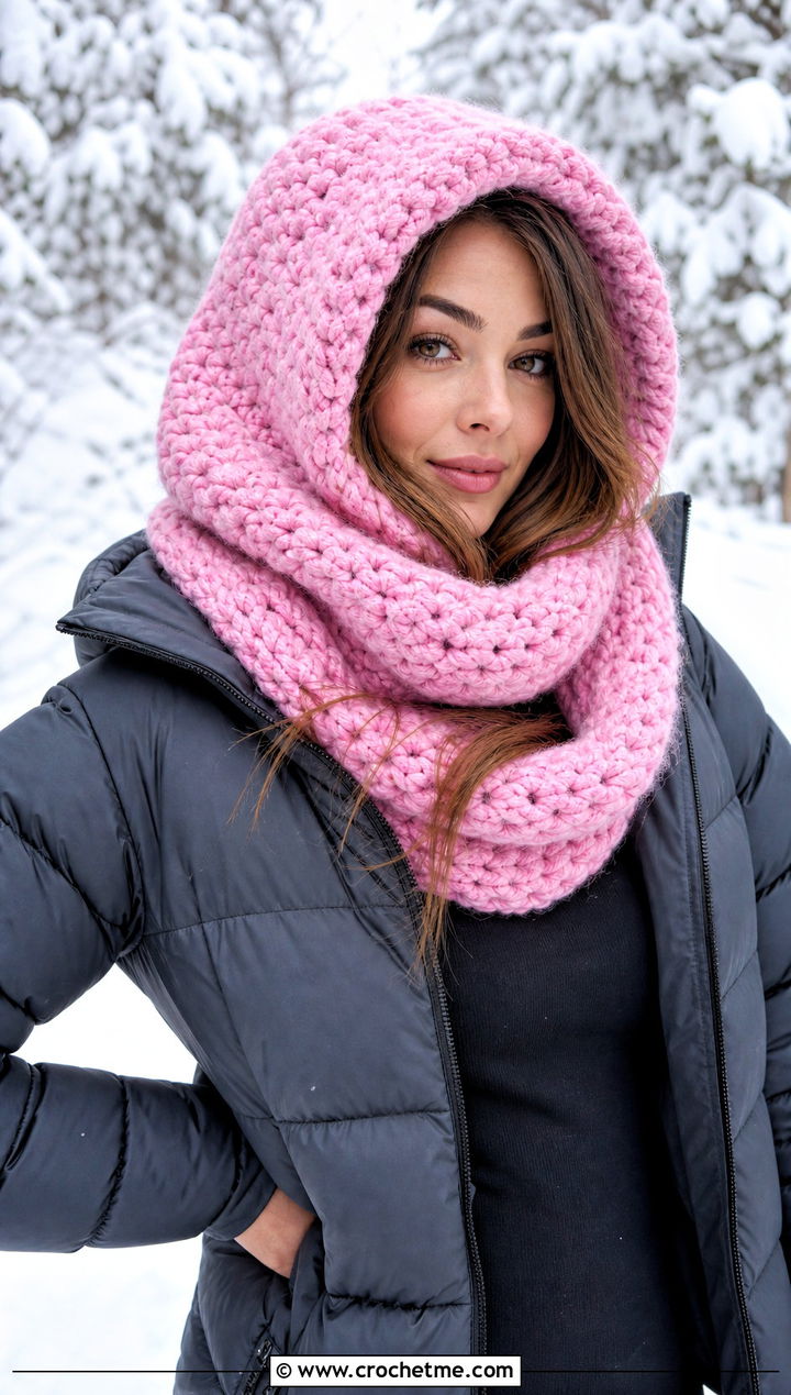 Chunky Hooded Crochet Cowl Snood With Puffer Jacket - 25 hooded crochet cowl snood outfit ideas