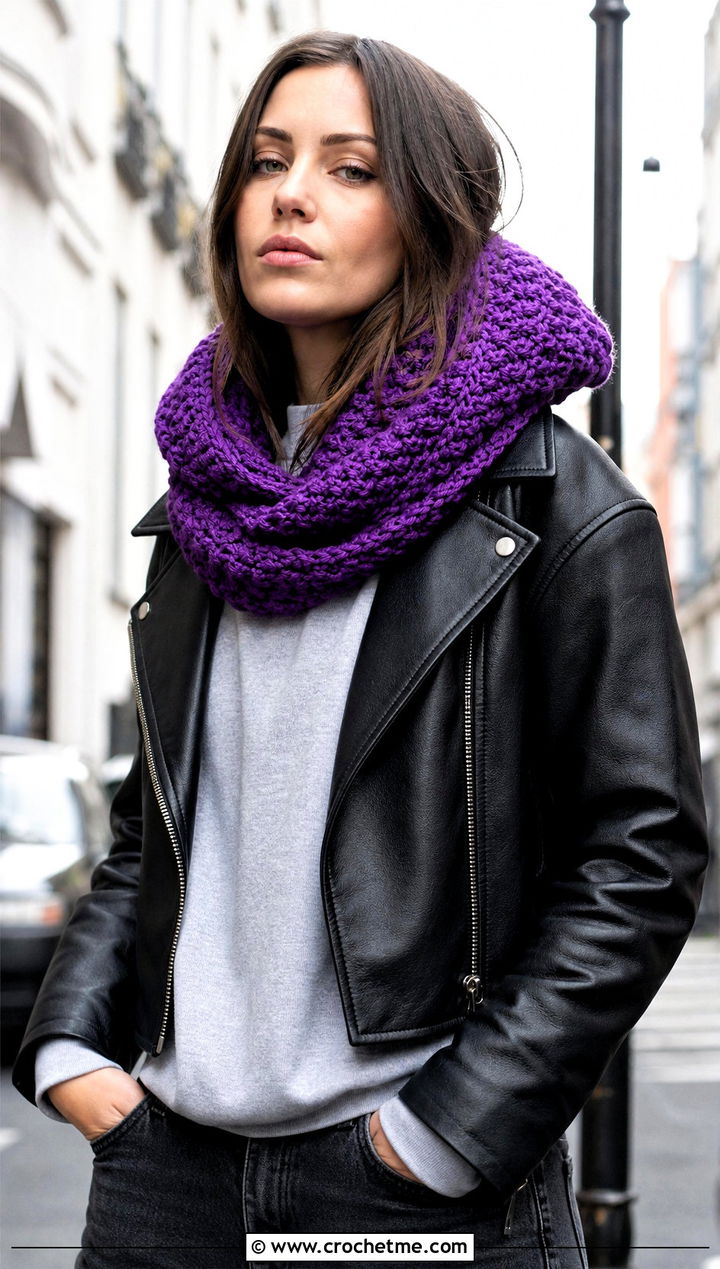 Chunky Hooded Crochet Cowl With Leather Jacket - 30 chunky crochet cowl outfit ideas