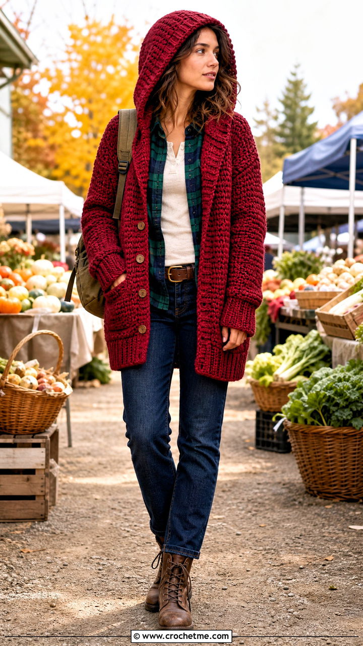 Chunky Hooded Crochet Fall Cardigan With Flannel Shirt - 35 crochet fall cardigan outfit ideas