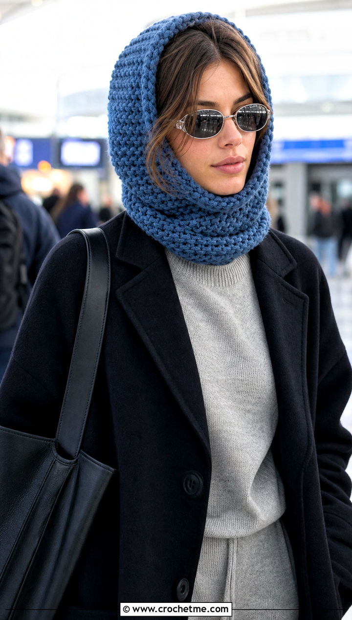 Chunky Hooded Crochet Hat With Airport Outfit - 25 Chunky Yarn Crochet Hats outfit ideas