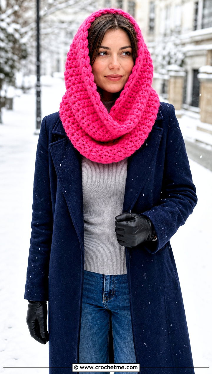 Chunky Hooded Crochet Infinity Snood With Long Coat - 20 Chunky Crochet Infinity Scarf outfit ideas