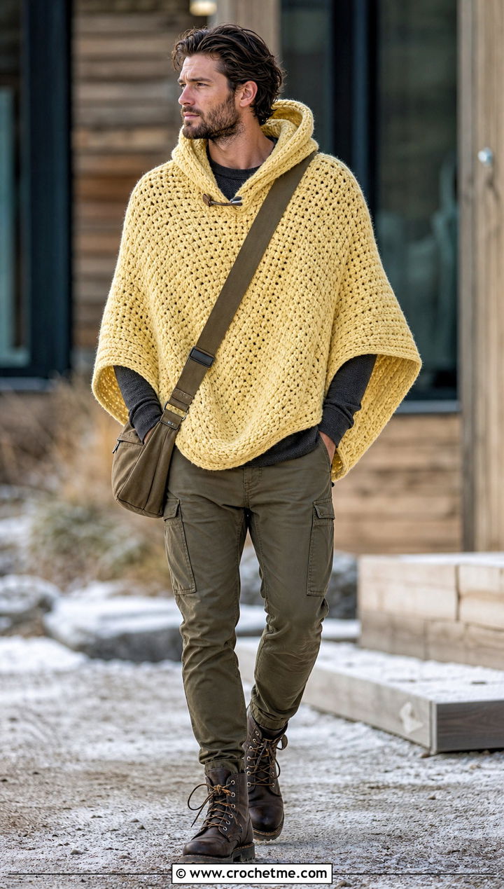 Chunky Hooded Crochet Poncho With Cargo Pants - 15 mens hooded crochet poncho outfit ideas