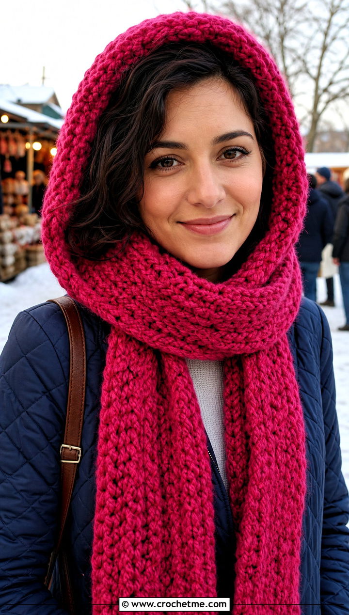Chunky Hooded Crochet Scarf With Quilted Jacket - 25 Chunky Yarn Crochet Scarf outfit ideas