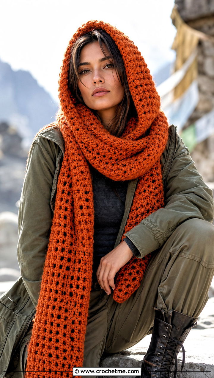 Chunky Hooded Crochet Scarf With Utility Jacket And Cargo Pants - 15 Thick Crochet Scarf outfit ideas