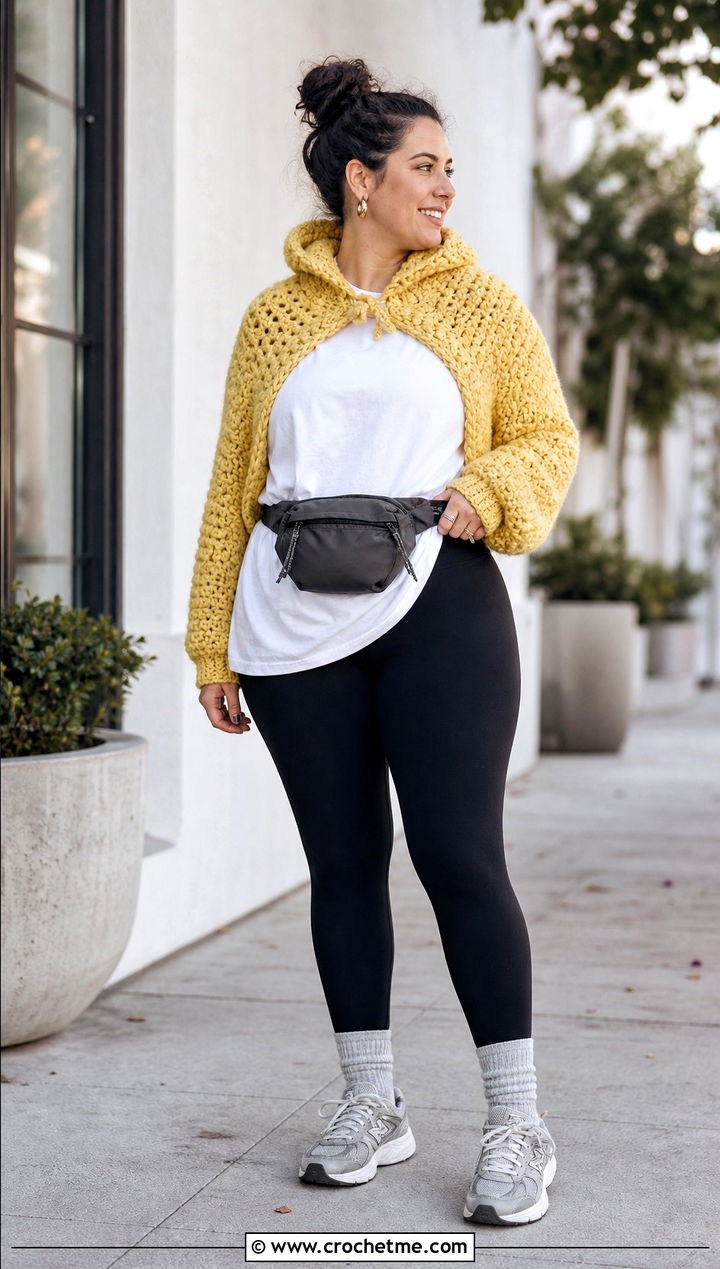 Chunky Hooded Crochet Shrug With Leggings - 25 hooded crochet shrug outfit ideas