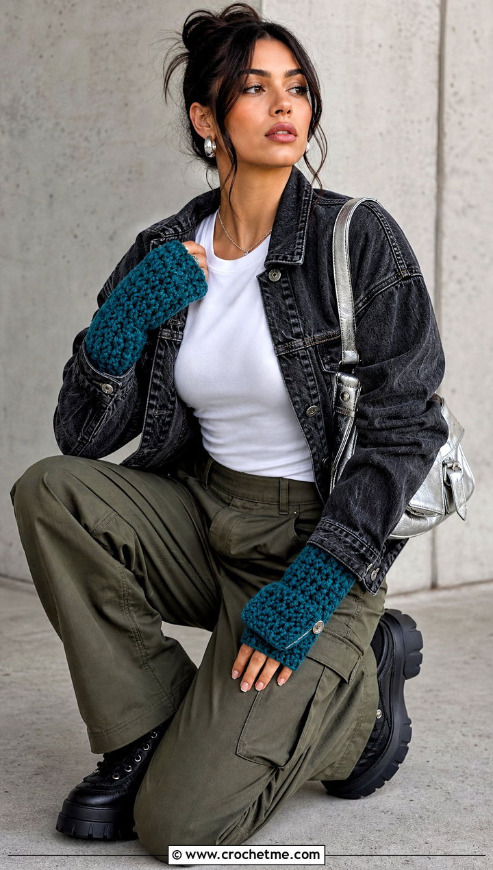 Chunky Hooded Fingerless Gloves With Cargo Pants - 25 Chunky Crochet Gloves outfit ideas
