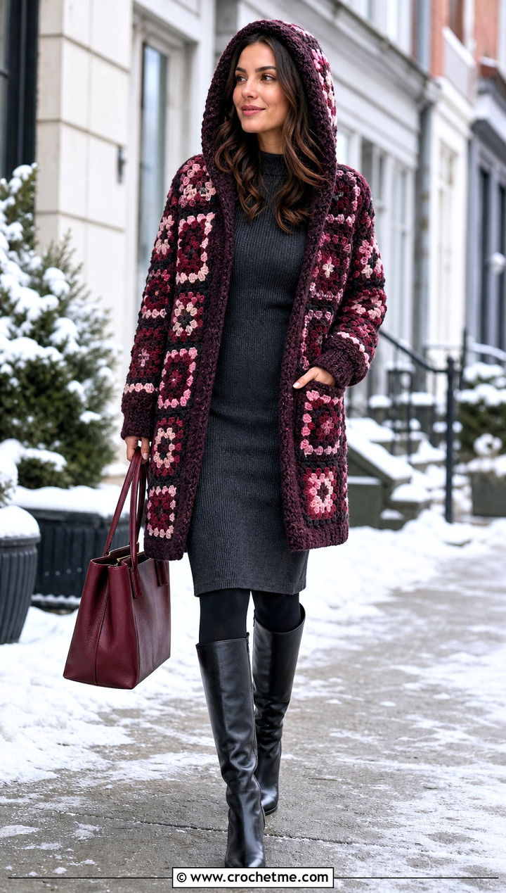 Chunky Hooded Granny Square Cardigan With Knit Dress - 30 granny square cardigan with hood outfit ideas
