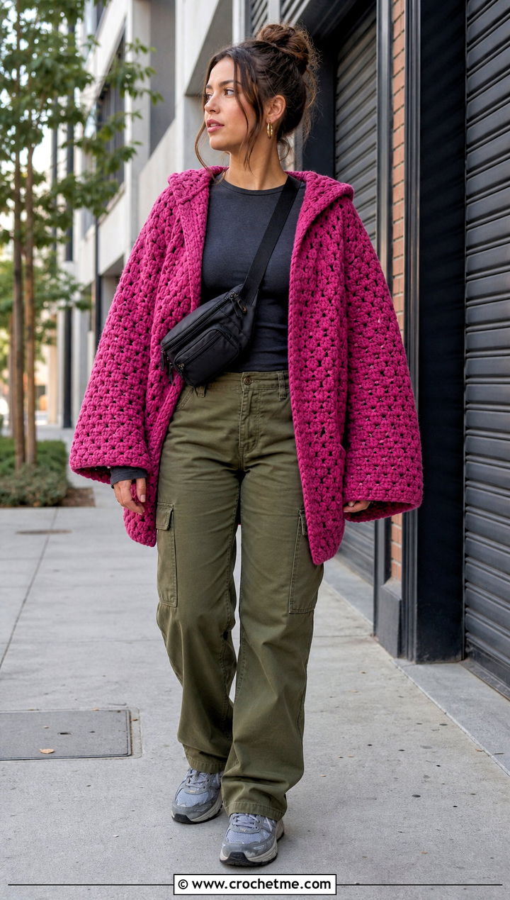 Chunky Hooded Hexagon Cardigan With Cargo Pants - 30 chunky crochet hexagon cardigan outfit ideas