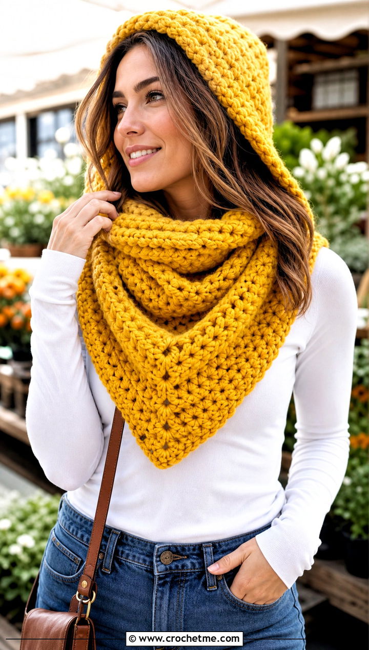 Chunky Hooded Triangle Crochet Scarf With Straight Jeans - 25 Hooded Triangle Crochet Scarf outfit ideas