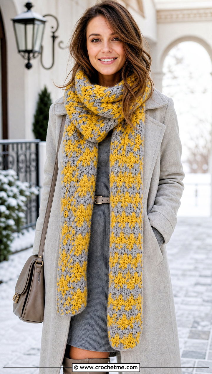 Chunky Houndstooth Crochet Scarf With Sweater Dress - 15 Houndstooth Crochet Scarf outfit ideas