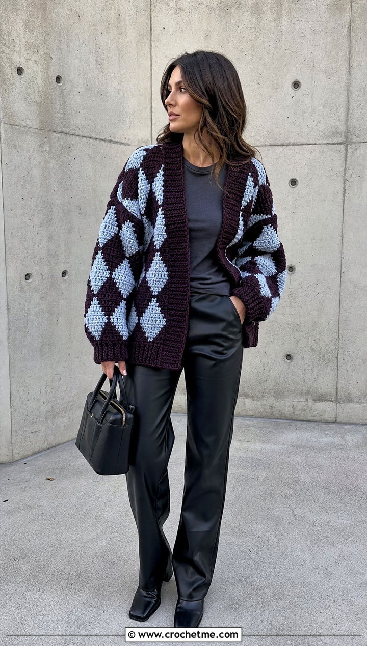 Chunky Howl Crochet Cardigan With Faux Leather Pants - 25 Howl Crochet Cardigan outfit ideas