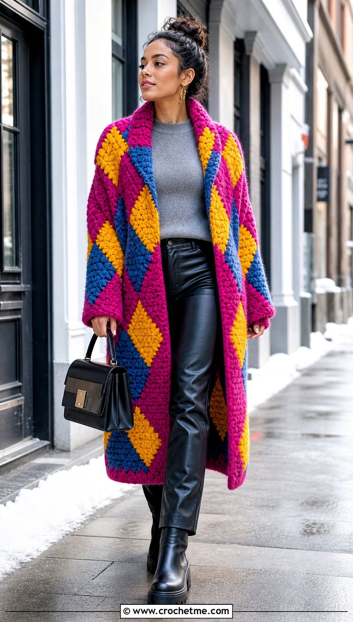 Chunky Howl Crochet Coat With Faux Leather Pants - 25 howl crochet coat outfit ideas