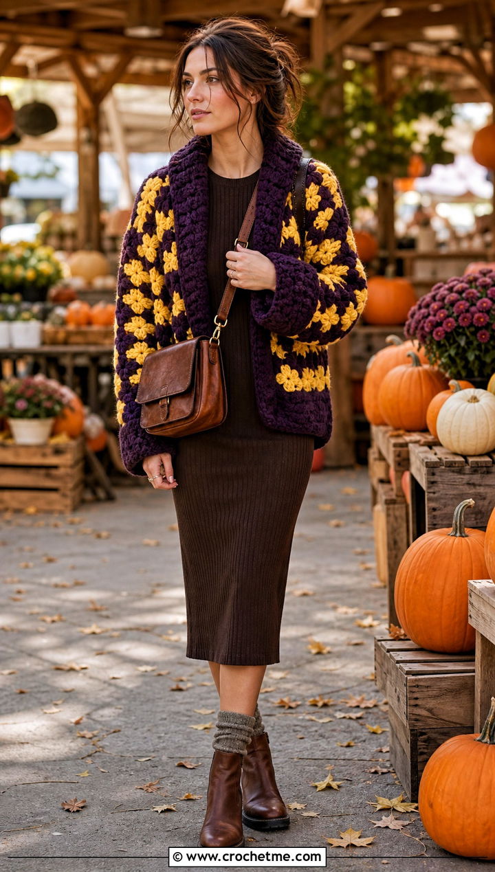 Chunky Howls Crochet Jacket With Knit Dress And Boots - 25 Howls Crochet Jacket outfit ideas