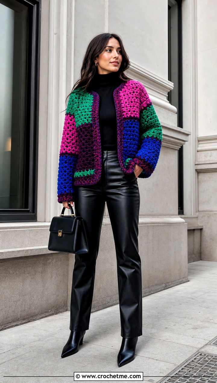 Chunky Howls Crochet Jacket With Leather Pants - 25 Howl's Crochet Jacket outfit ideas