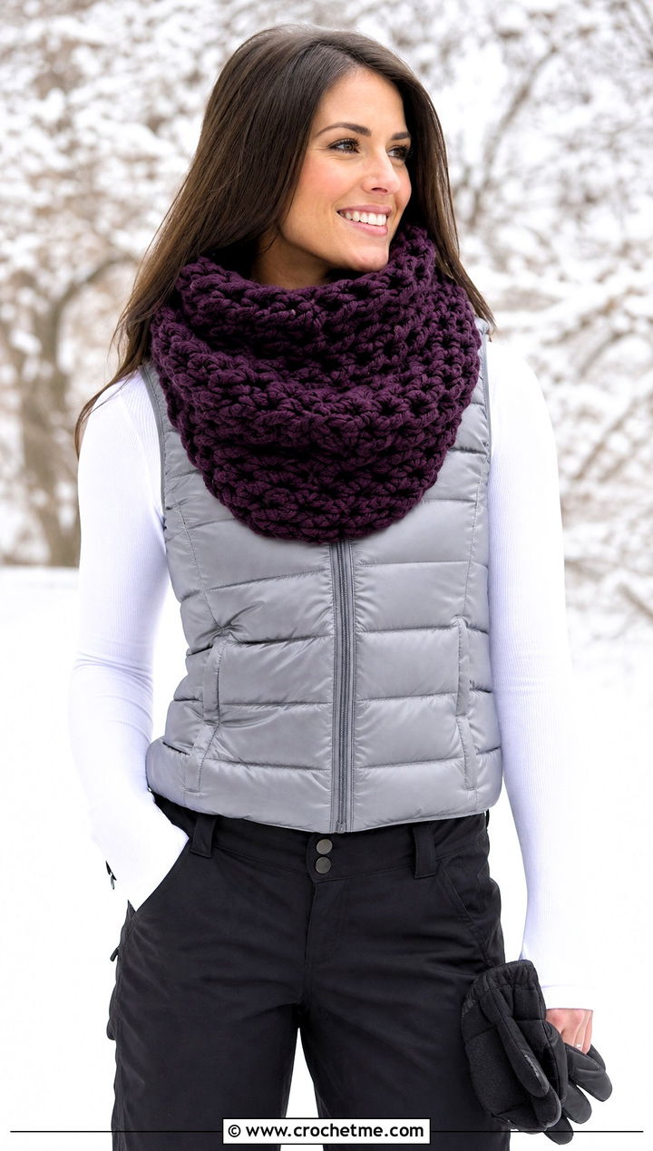 Chunky Huntress Crochet Cowl With Puffer Vest - 15 huntress crochet cowl outfit ideas