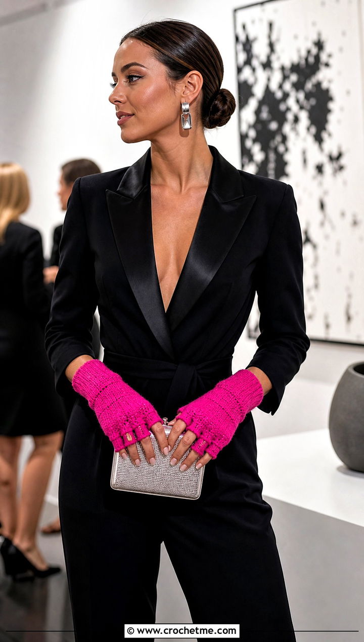 Chunky Individual Finger Fingerless Gloves With Tuxedo Jumpsuit - 25 Chunky Crochet Gloves outfit ideas