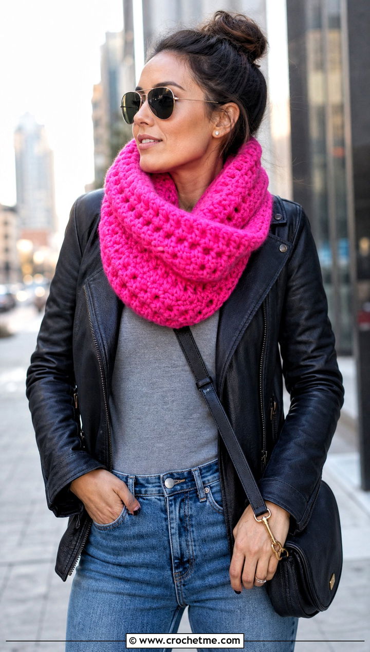 Chunky Infinity Crochet Cowl With Moto Jacket - 30 chunky crochet cowl outfit ideas