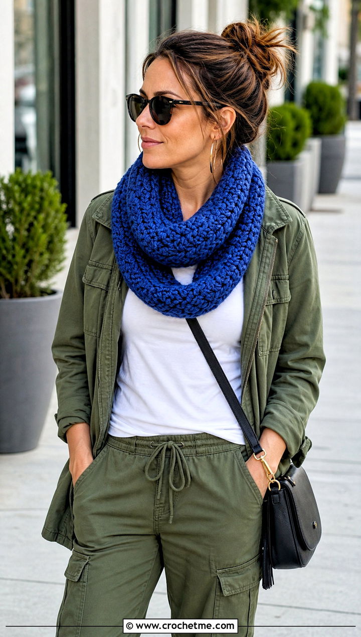 Chunky Infinity Crochet Cowl With Utility Jacket - 20 Bulky Crochet Cowl outfit ideas